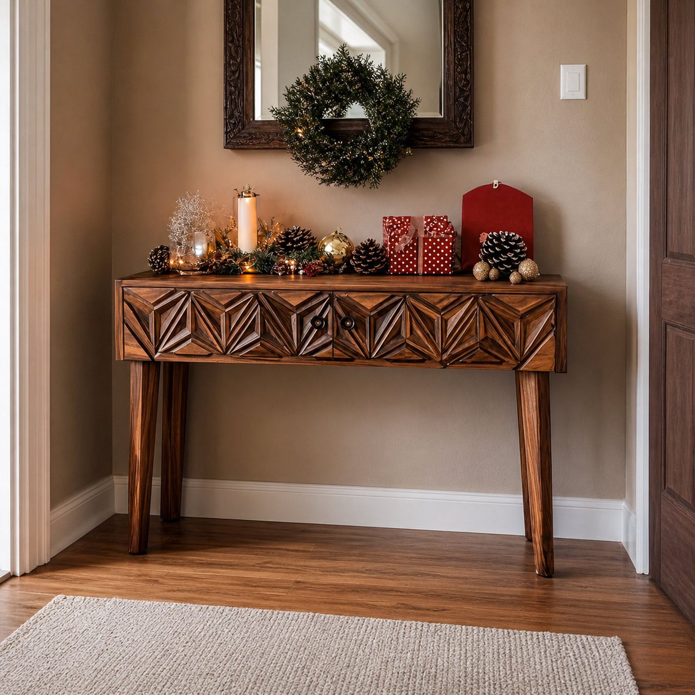Rustic Carved Console Table Christmas Entryway Holiday Decor