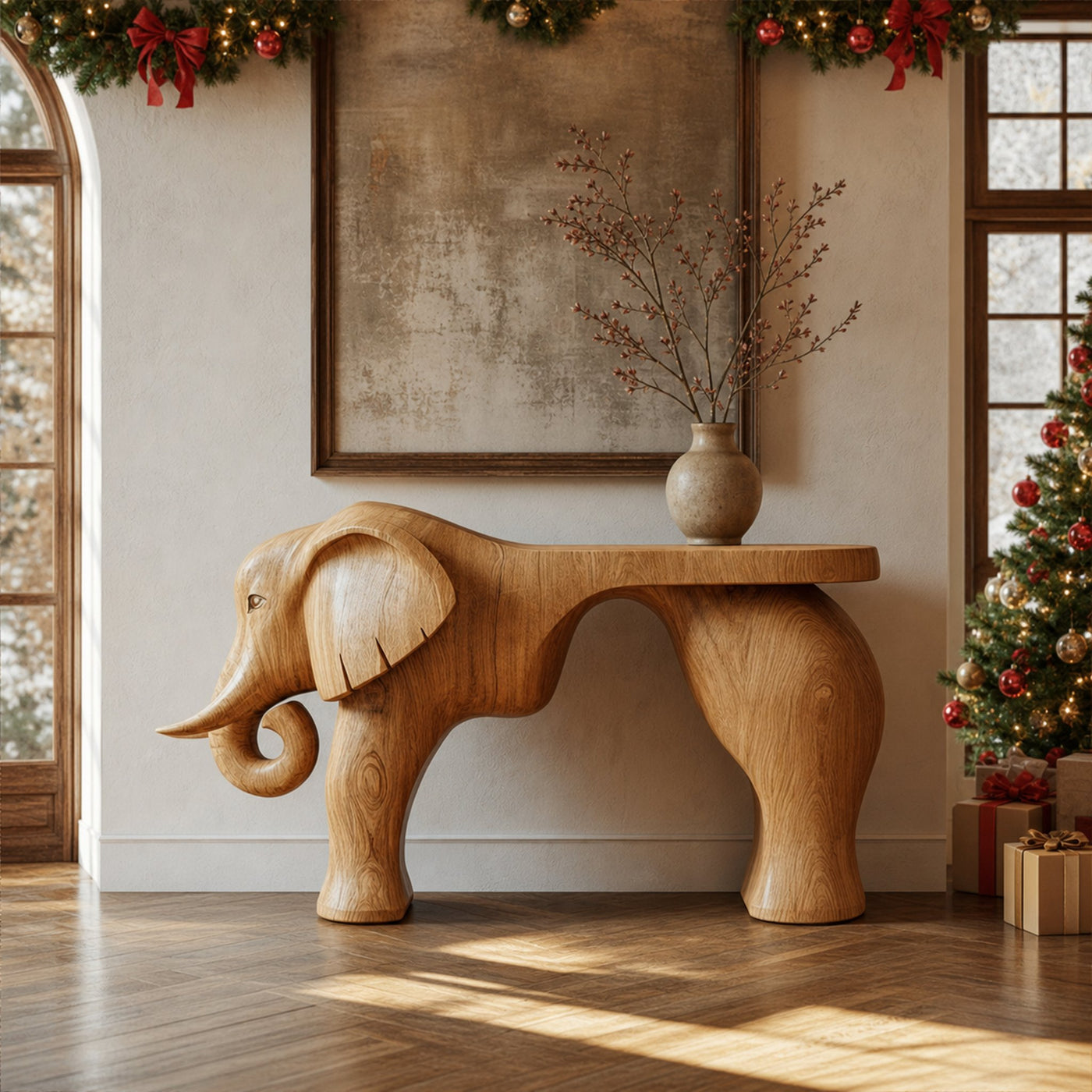 Rustic Console Table Carved Elephant Design Christmas Living Room
