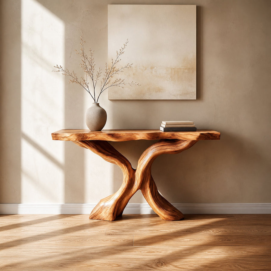 Rustic Console Table Carved X-Base Wood Entryway