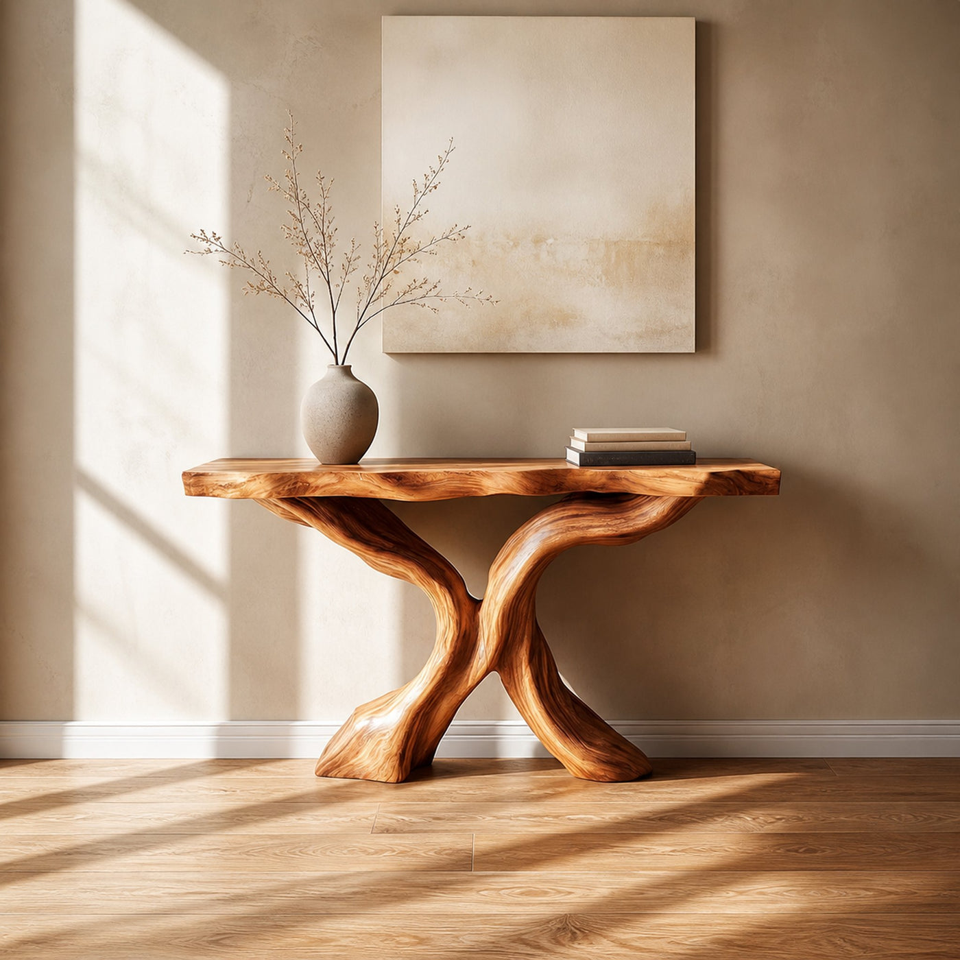 Rustic Console Table Carved X-Base Wood Entryway