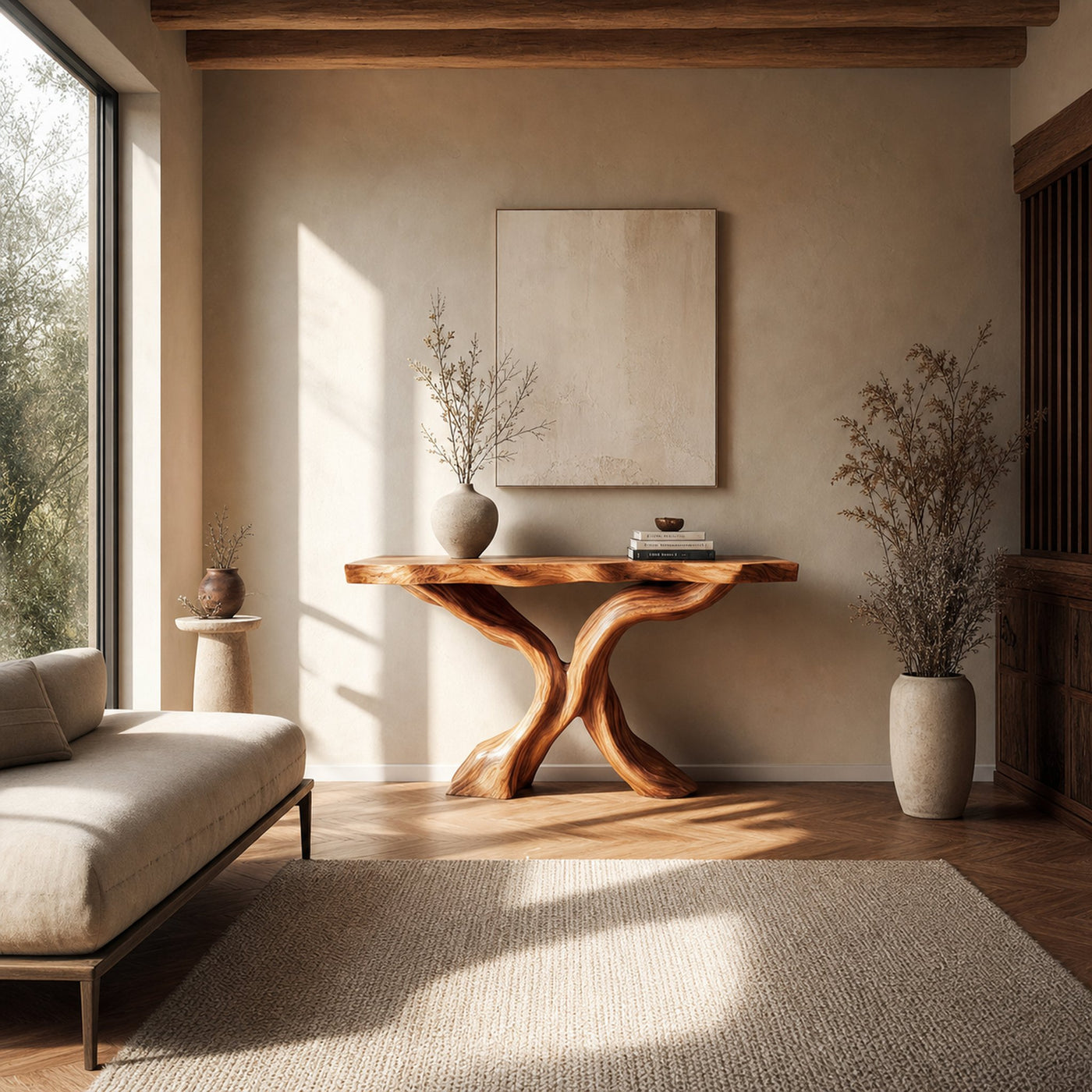 Rustic Console Table Carved X-Base Wood Entryway - product view 2