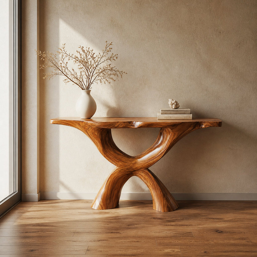 Rustic Console Table Carved X-Base Wood Entryway Living Room