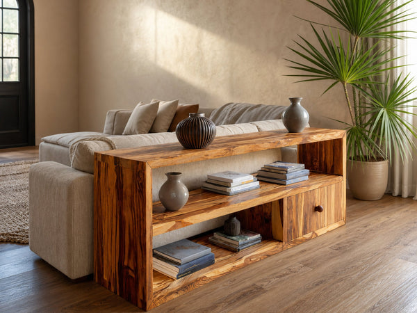 Rustic Console Table Long With Shelf For Living Room