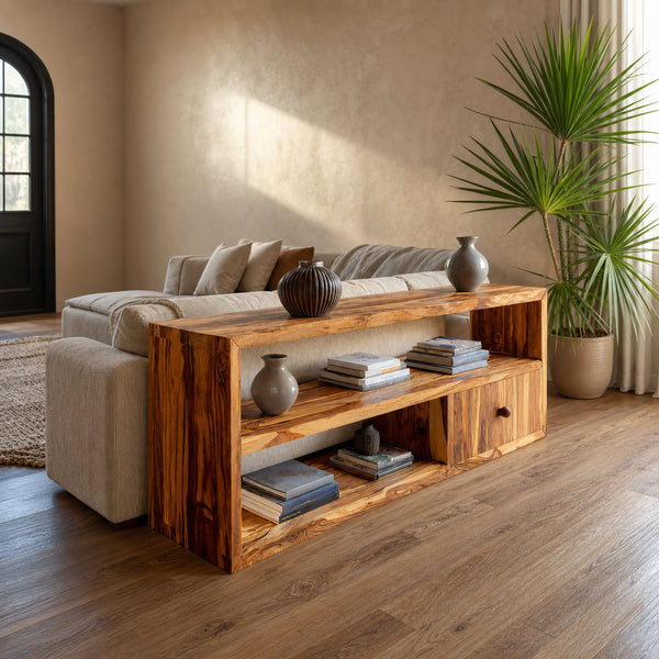 Rustic Console Table Long With Shelf For Living Room