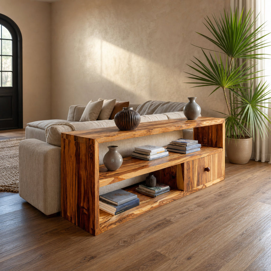 Rustic Console Table Long With Shelf For Living Room
