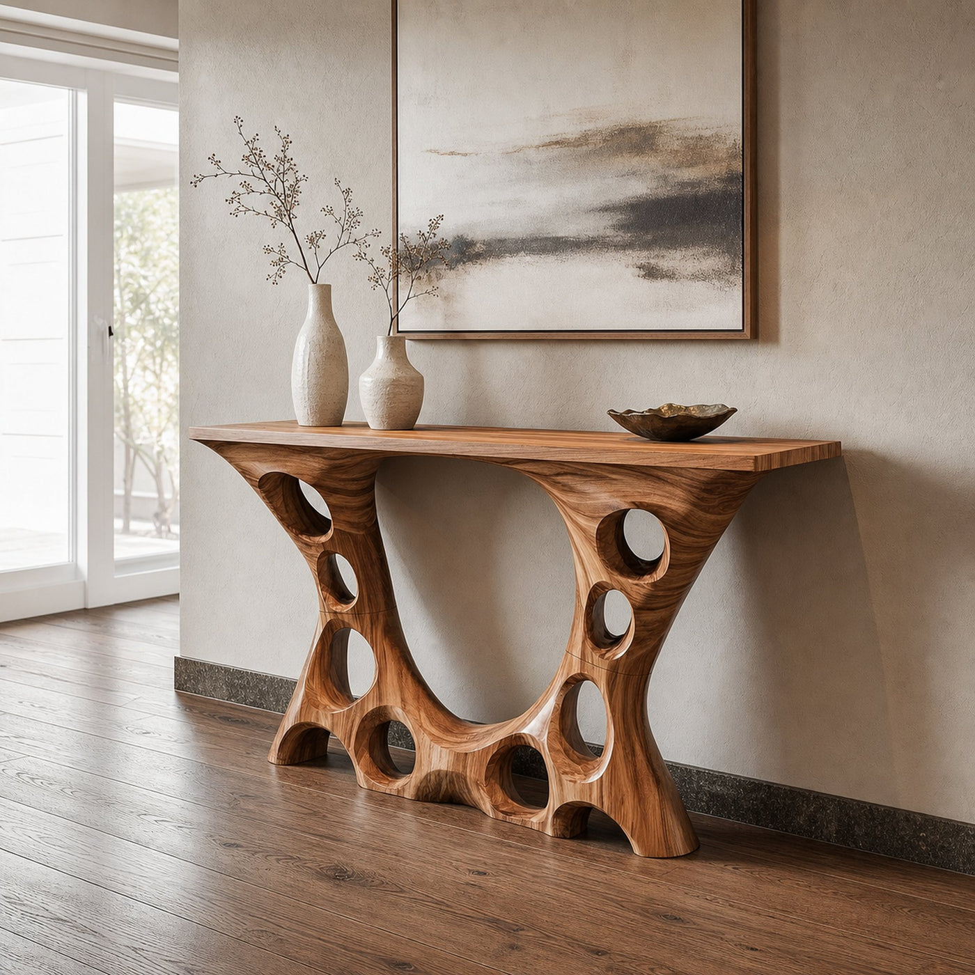 Rustic Console Table Organic Open Hole Design Grand Entryway