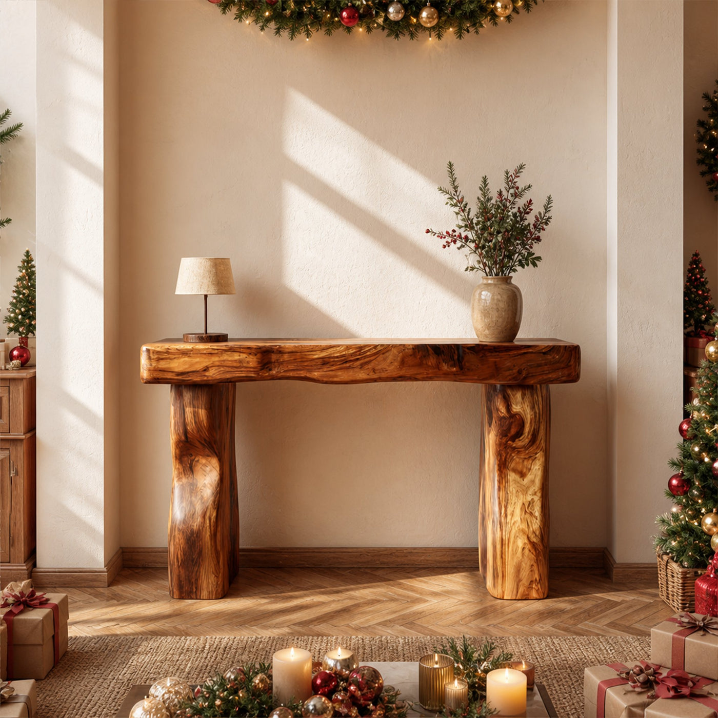 Rustic Console Table Sculpted Wave Base Holiday Living Room