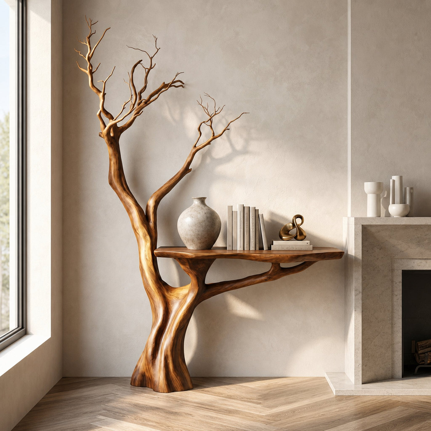 Rustic Console Table Sculpted Wood Tree Hallway Entrance - product view 6