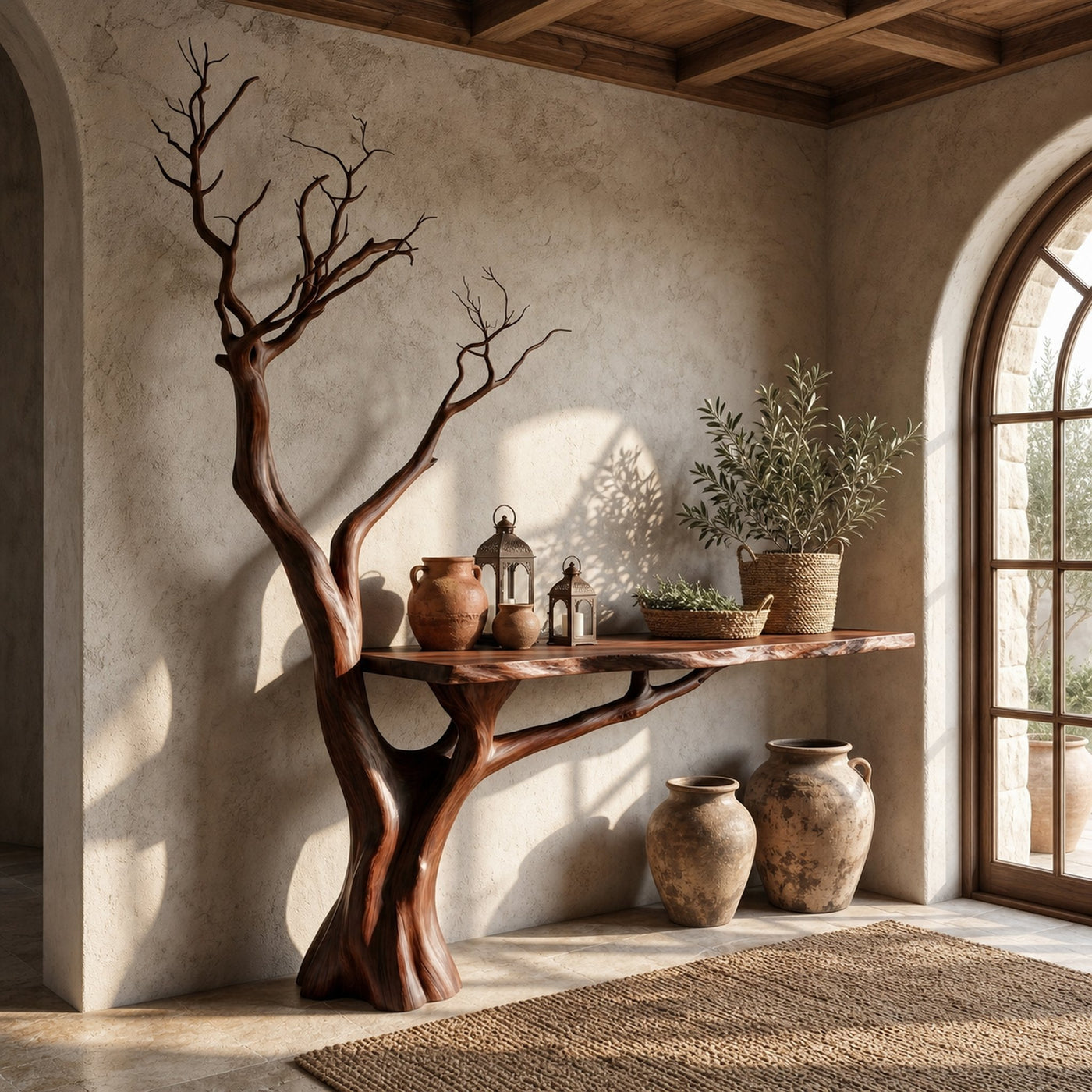Rustic Console Table Sculpted Wood Tree Hallway Entrance - product view 7