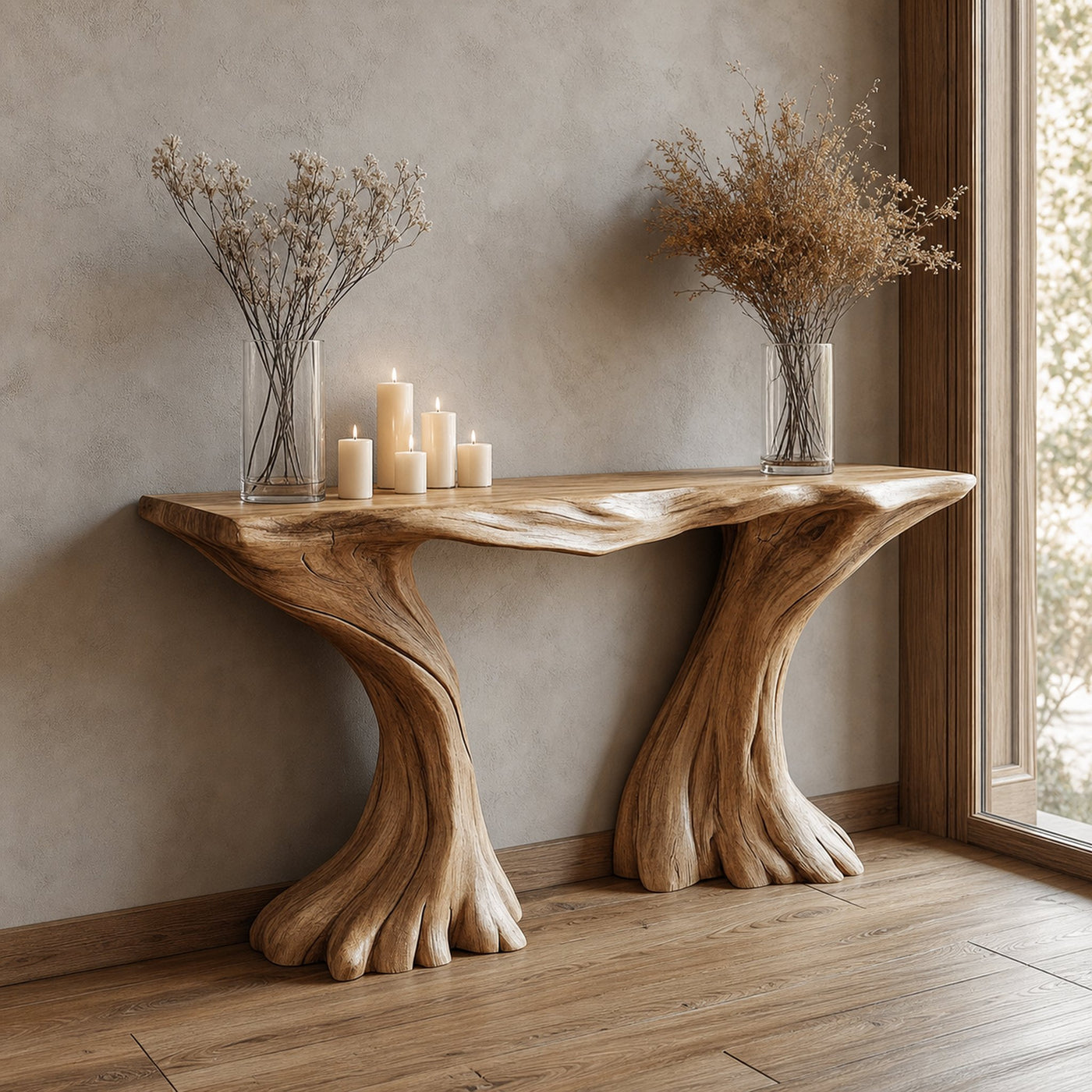 Rustic Console Table Sculptural Hourglass Base Luxury Foyer