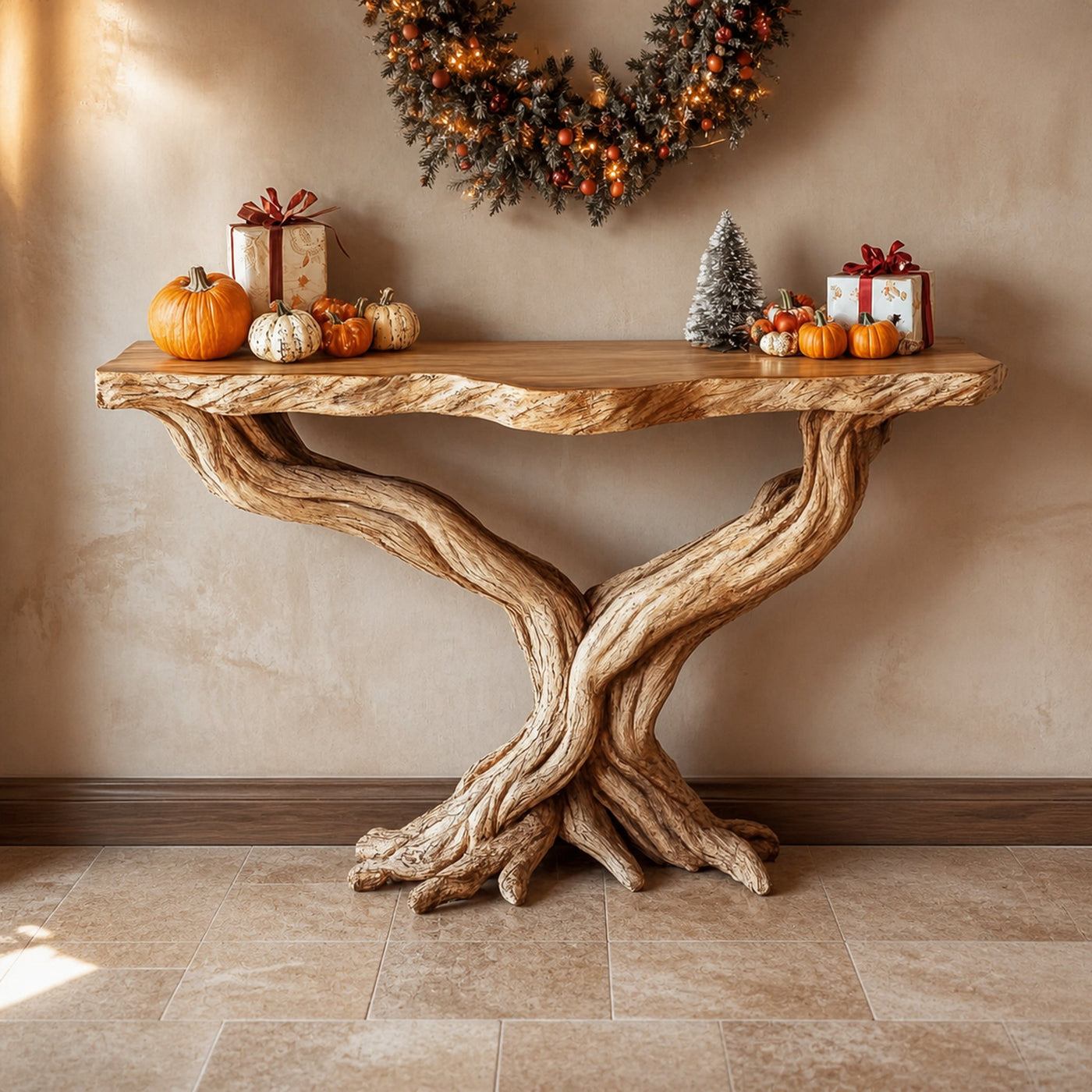 Rustic Console Table Solid Wood Root Base Entryway