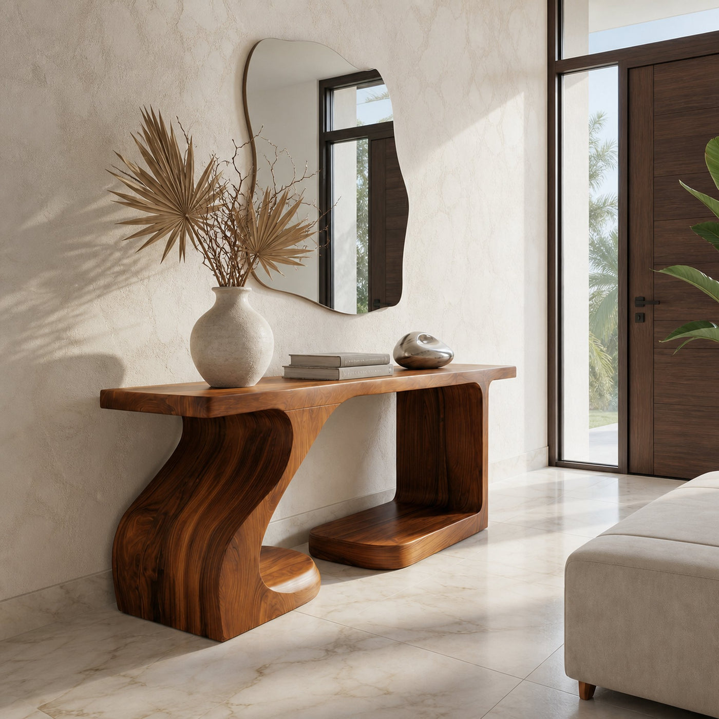 Rustic Console Table With Carved Root Inspired Design For Entryway
