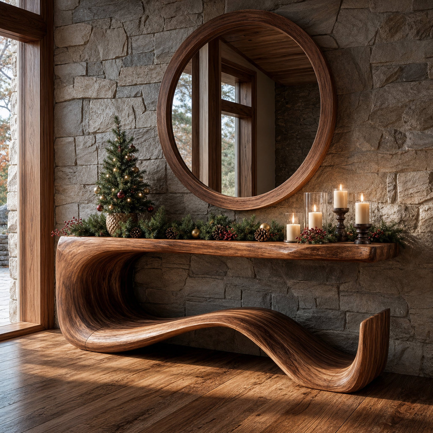 Rustic Console Table With Handcrafted Curved Wood Design For Entryway
