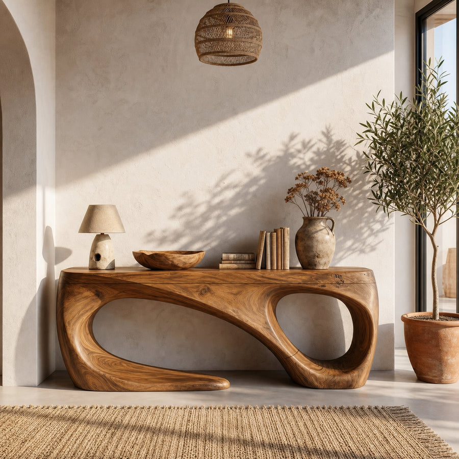 Rustic Console Table With Handcrafted Flowing Design For Living Room