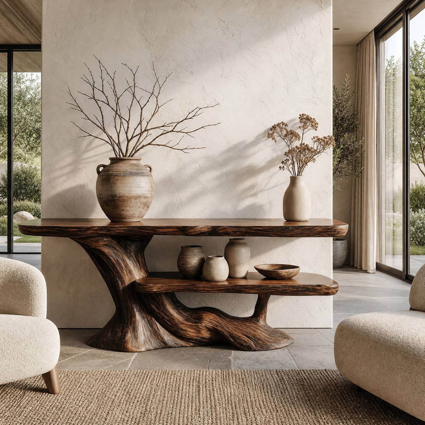 Rustic Console Table With Handcrafted Tree Root Base And Tiered Shelves For Entryway