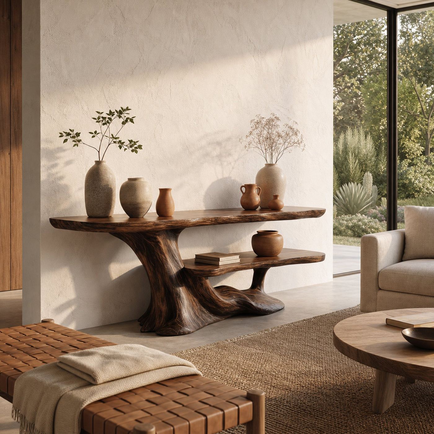 Rustic Console Table With Handcrafted Tree Root Base And Tiered Shelves For Entryway - product view 2