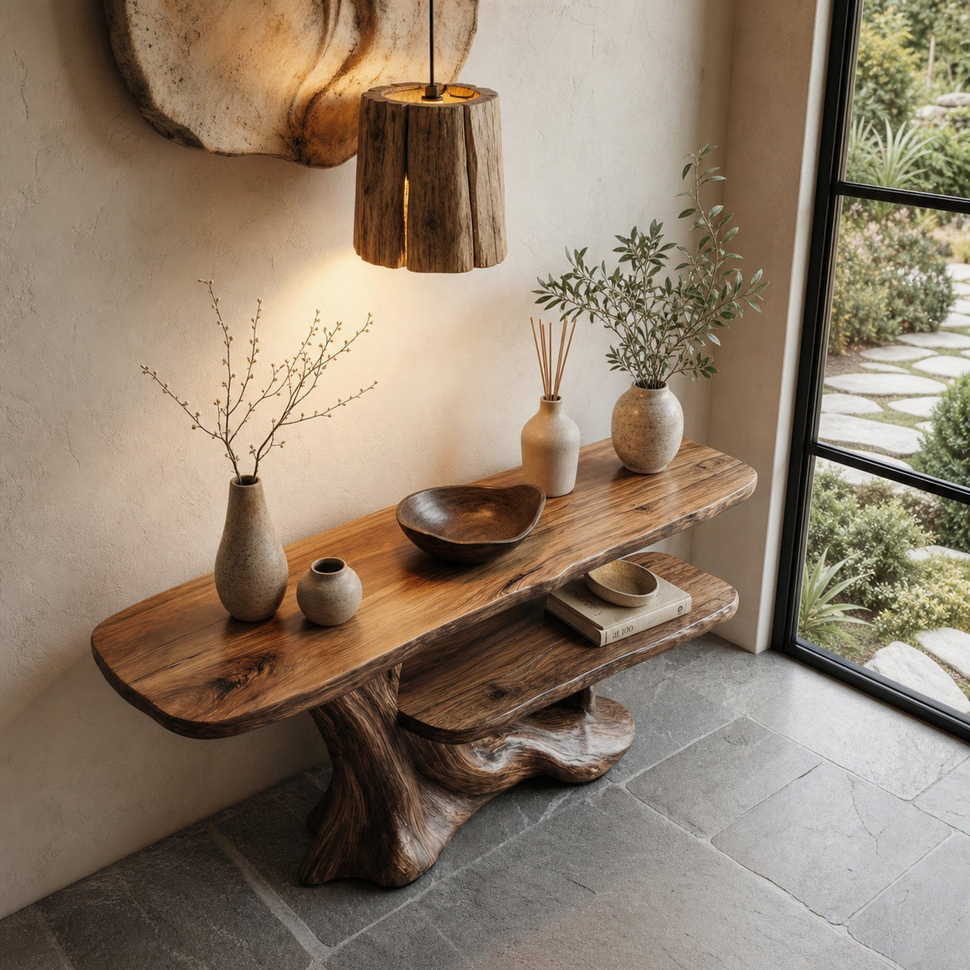 Rustic Console Table With Handcrafted Tree Root Base And Tiered Shelves For Entryway - product view 3