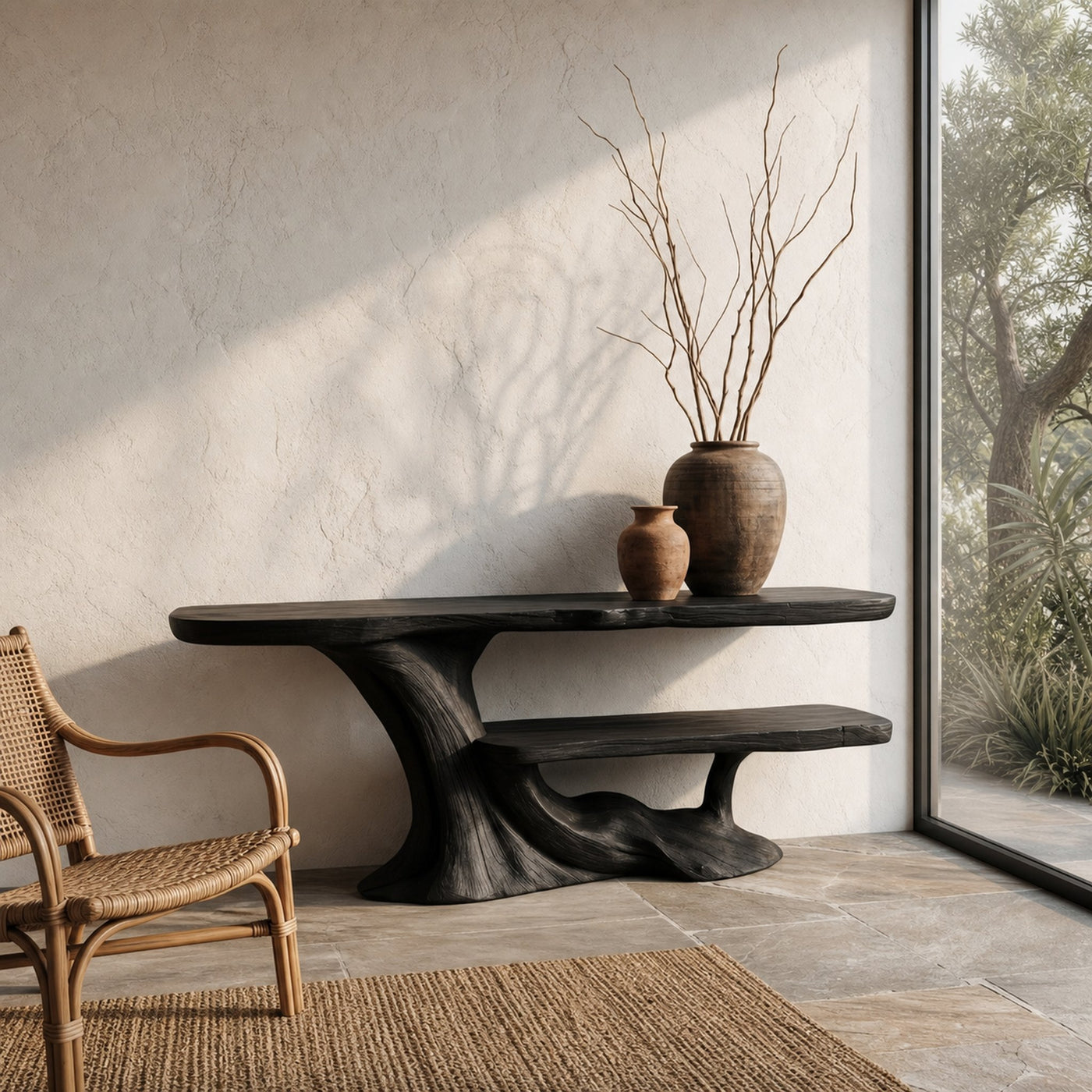 Rustic Console Table With Handcrafted Tree Root Base And Tiered Shelves For Entryway - product view 4