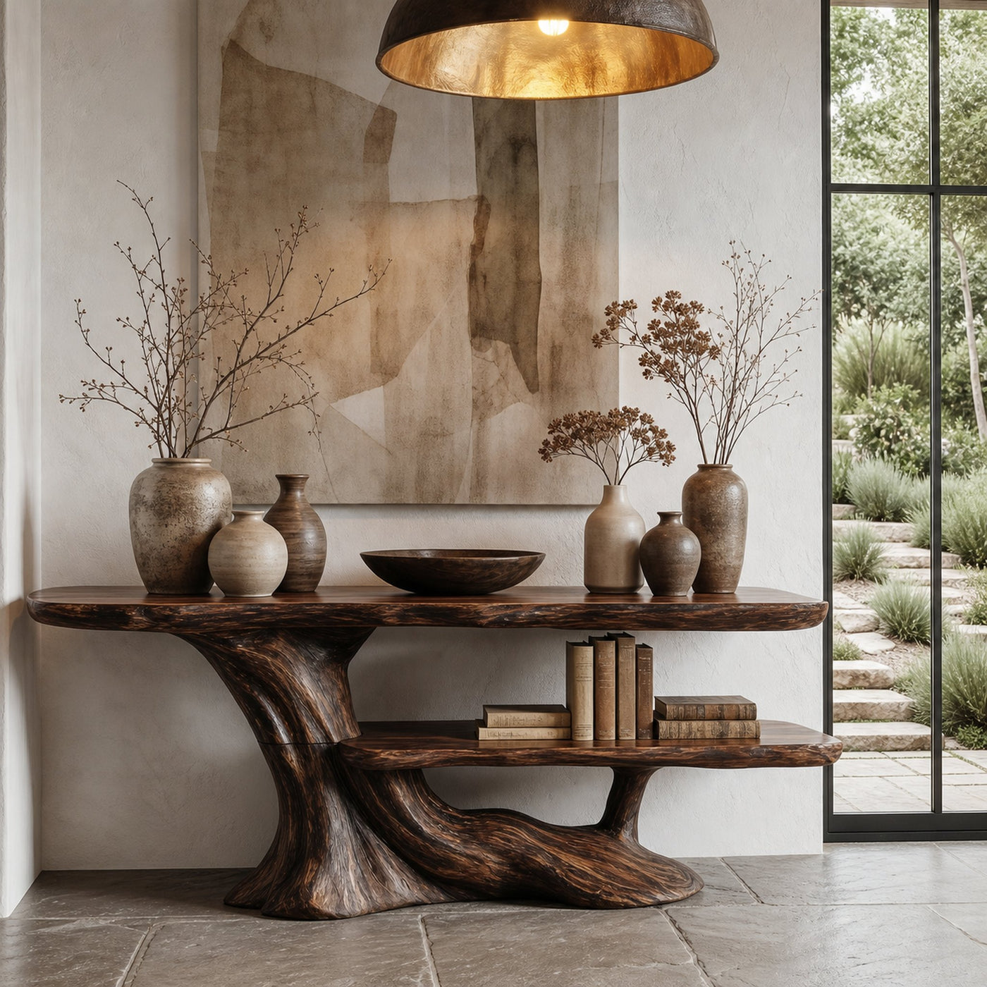 Rustic Console Table With Handcrafted Tree Root Base And Tiered Shelves For Entryway - product view 7