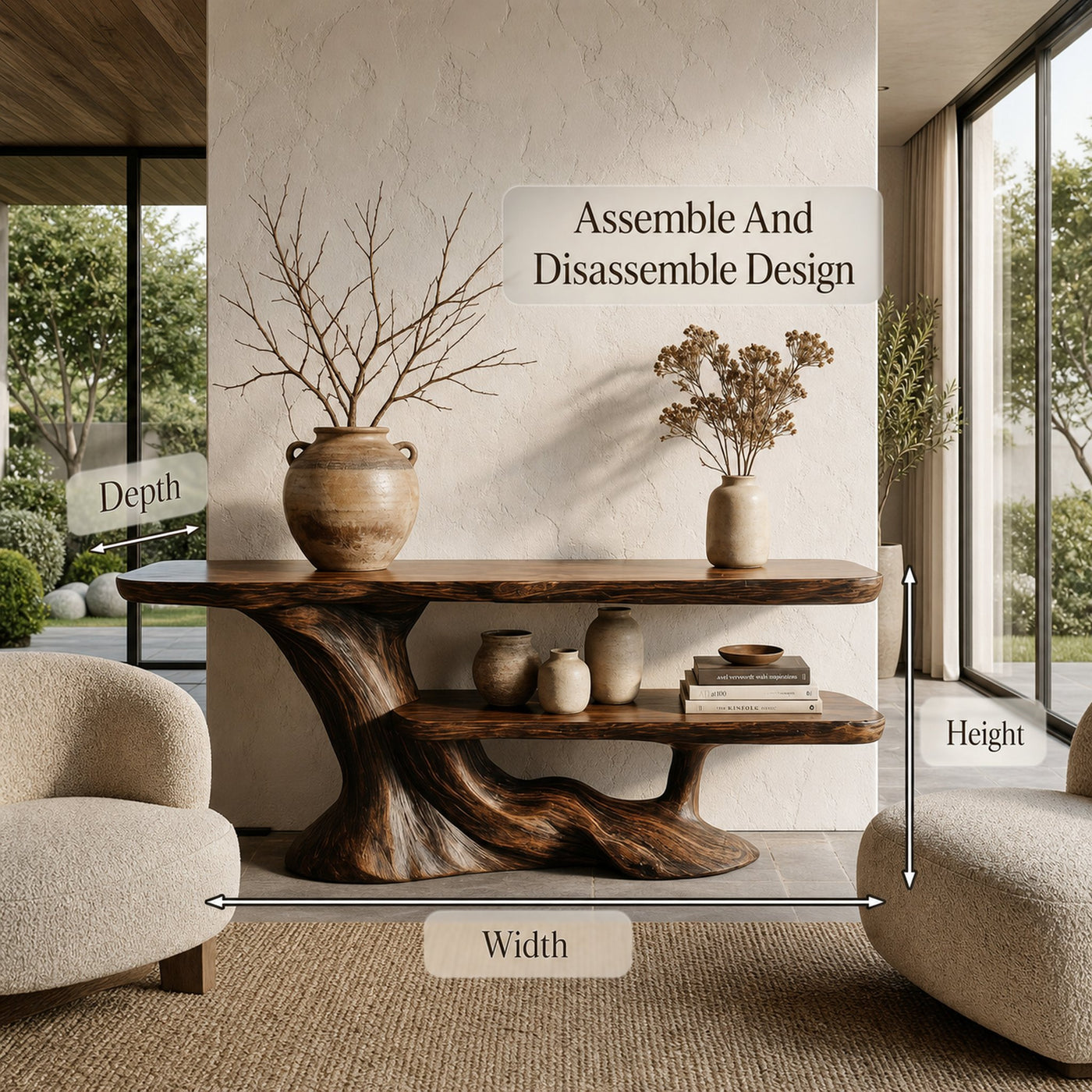 Rustic Console Table With Handcrafted Tree Root Base And Tiered Shelves For Entryway - product view 8