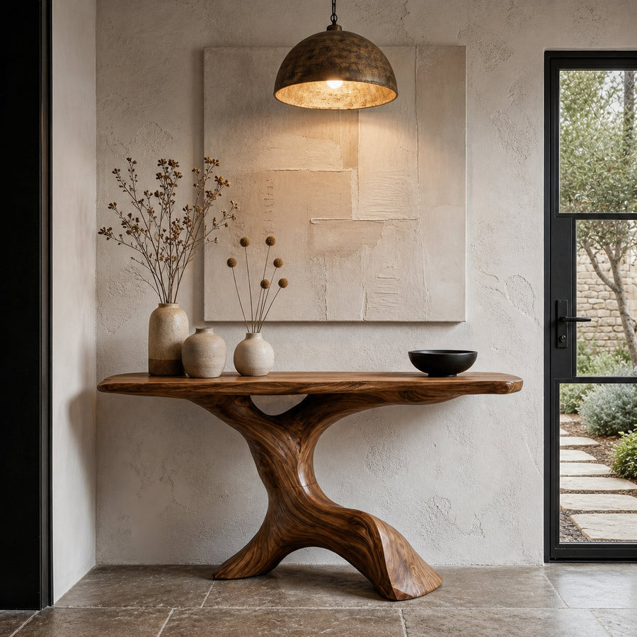 Rustic Console Table With Handcrafted Tree Root Base For Entryway And Living Room