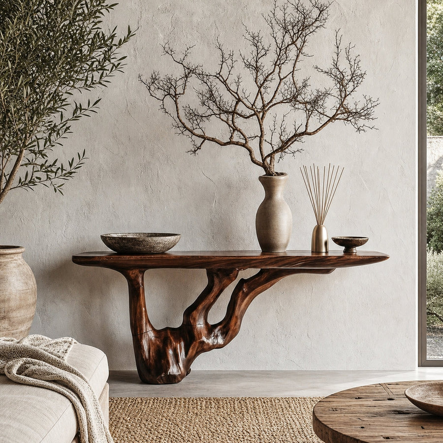 Rustic Console Table With Handcrafted Tree Root Base For Entryway And Living Room