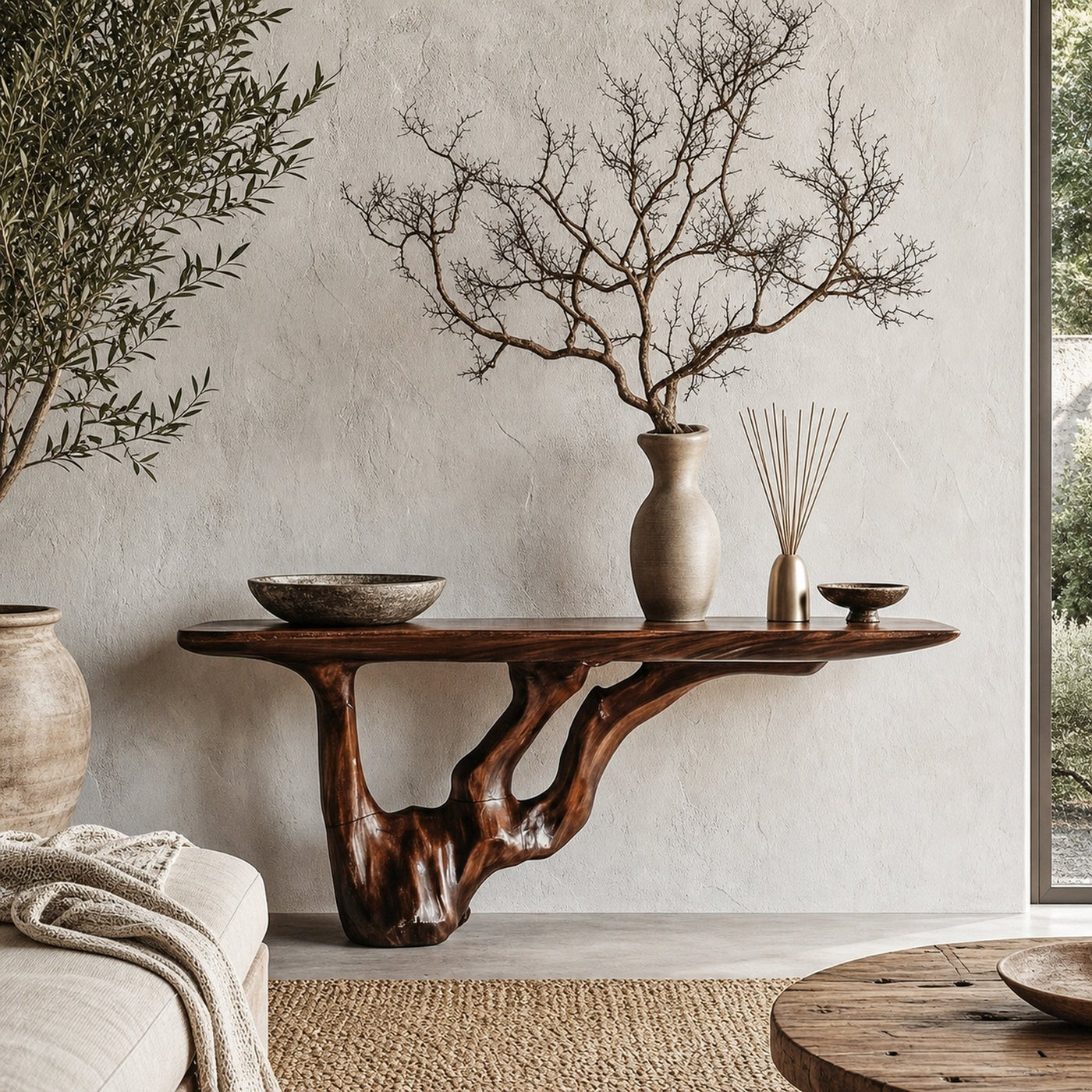 Rustic Console Table With Handcrafted Tree Root Base For Entryway And Living Room