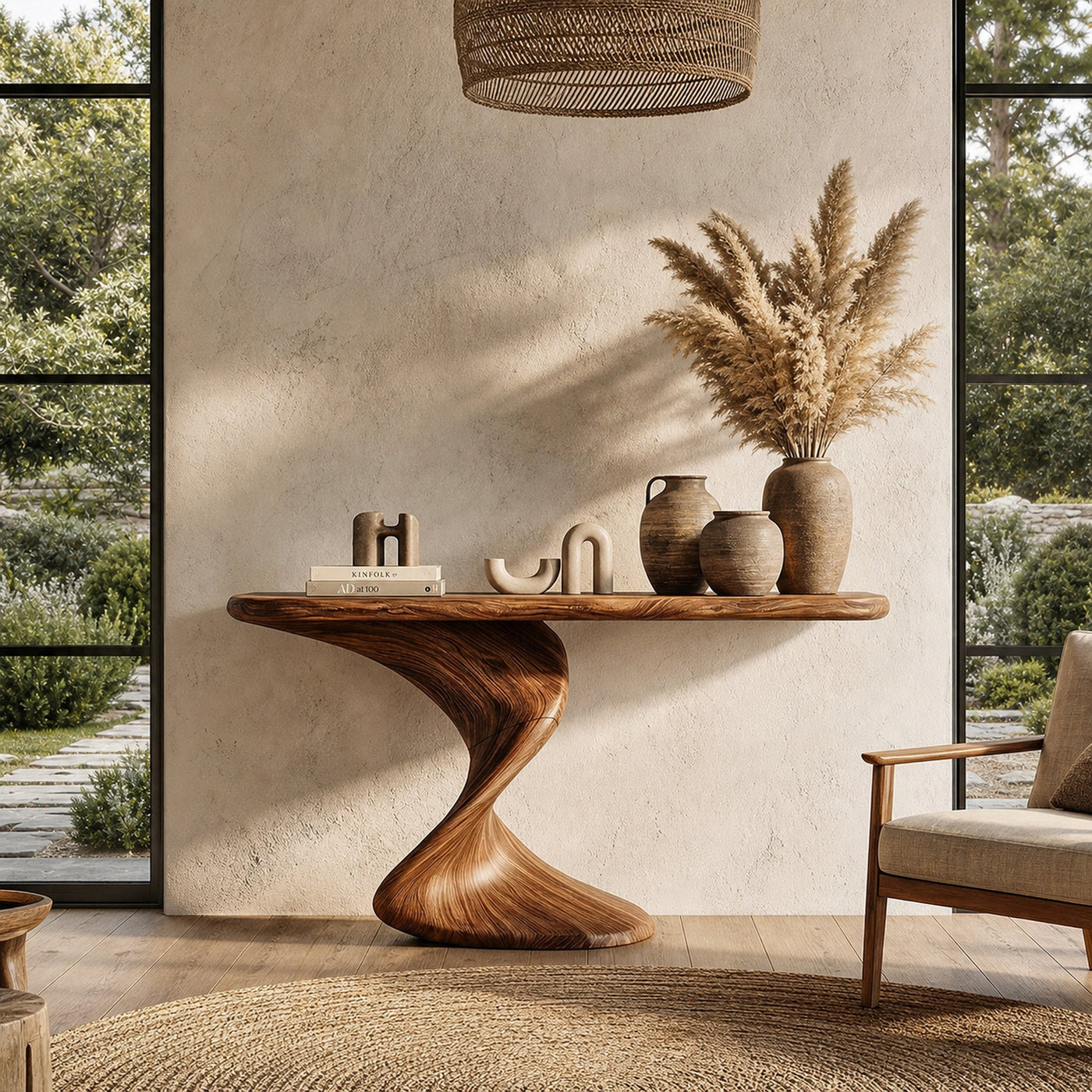 Rustic Console Table With Handcrafted Twisted Wood Base For Entryway And Living Room