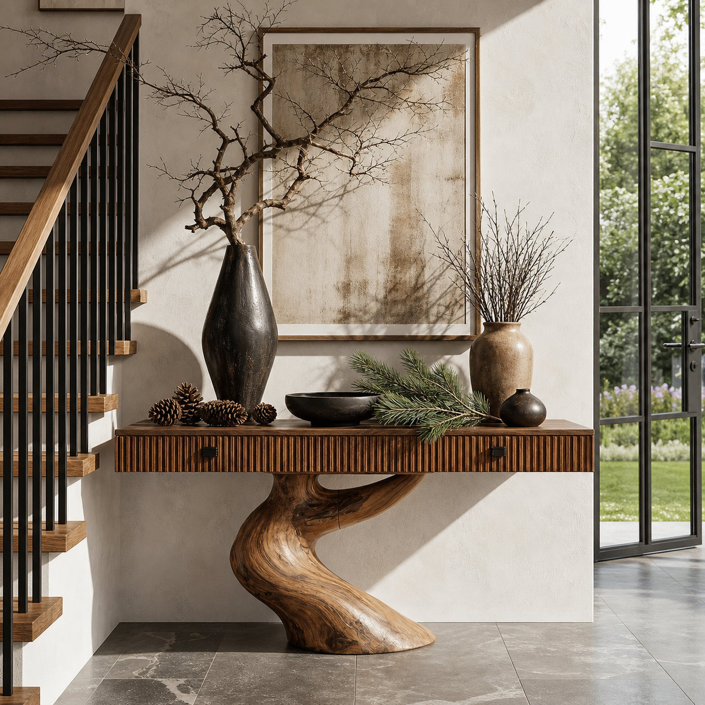 Rustic Console Table With Integrated Drawers And Artistic Tree Root Pedestal For Living Room