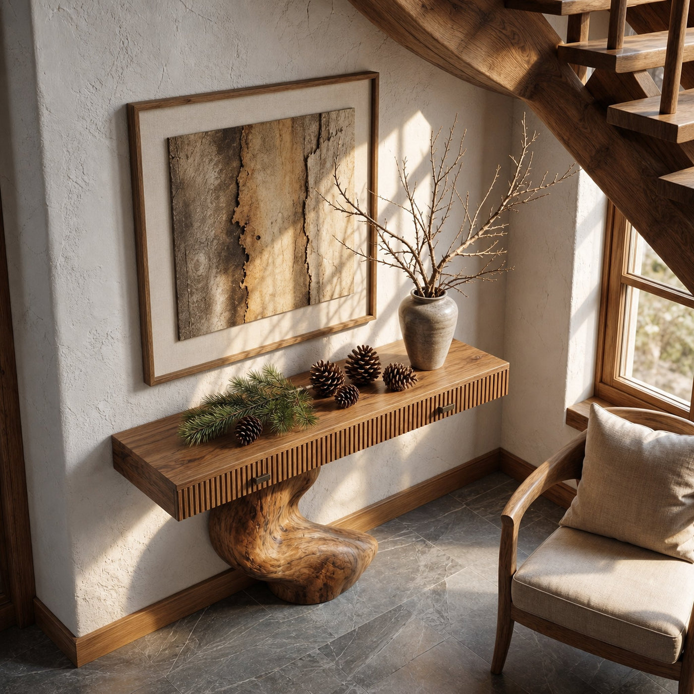 Rustic Console Table With Integrated Drawers And Artistic Tree Root Pedestal For Living Room - product view 2
