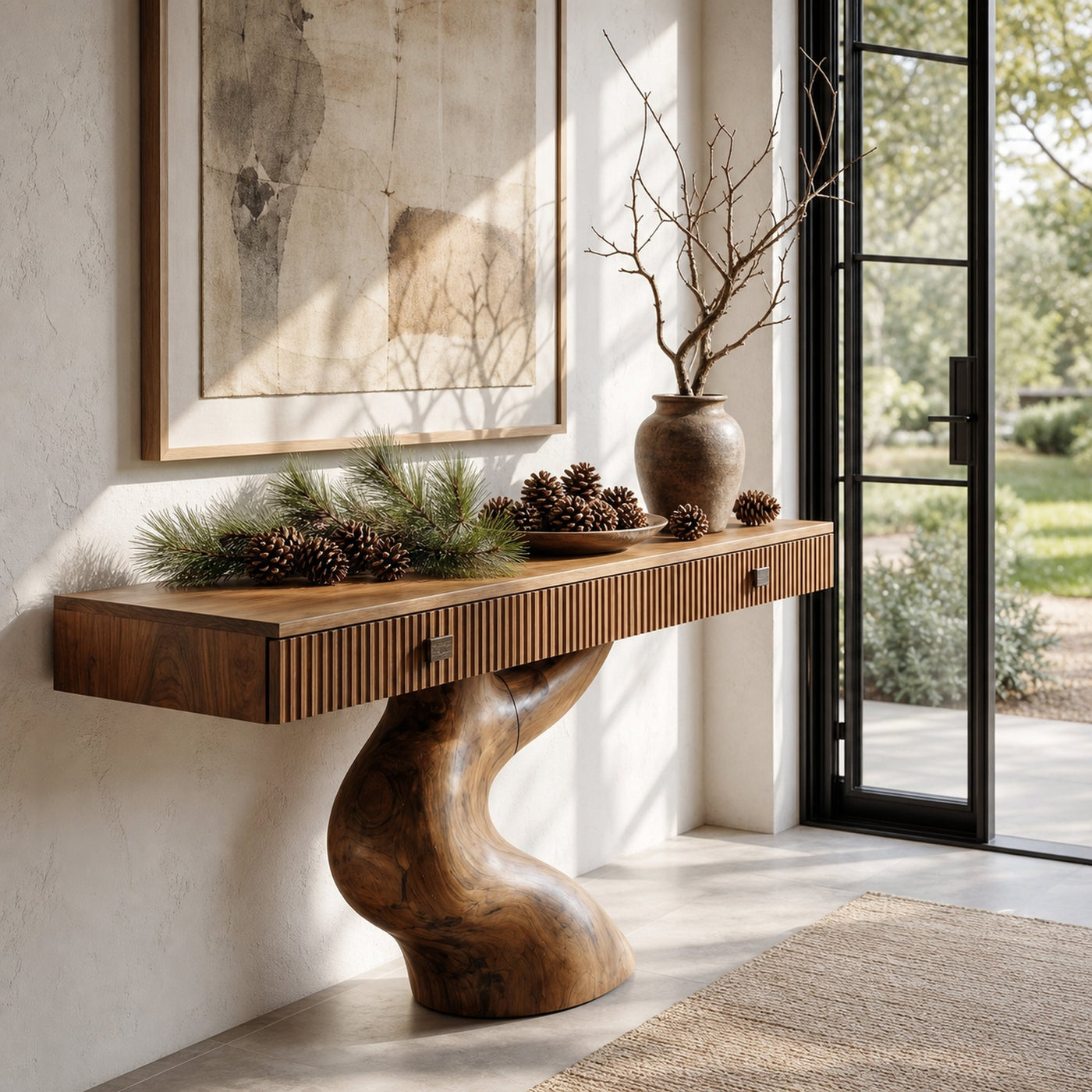 Rustic Console Table With Integrated Drawers And Artistic Tree Root Pedestal For Living Room - product view 3