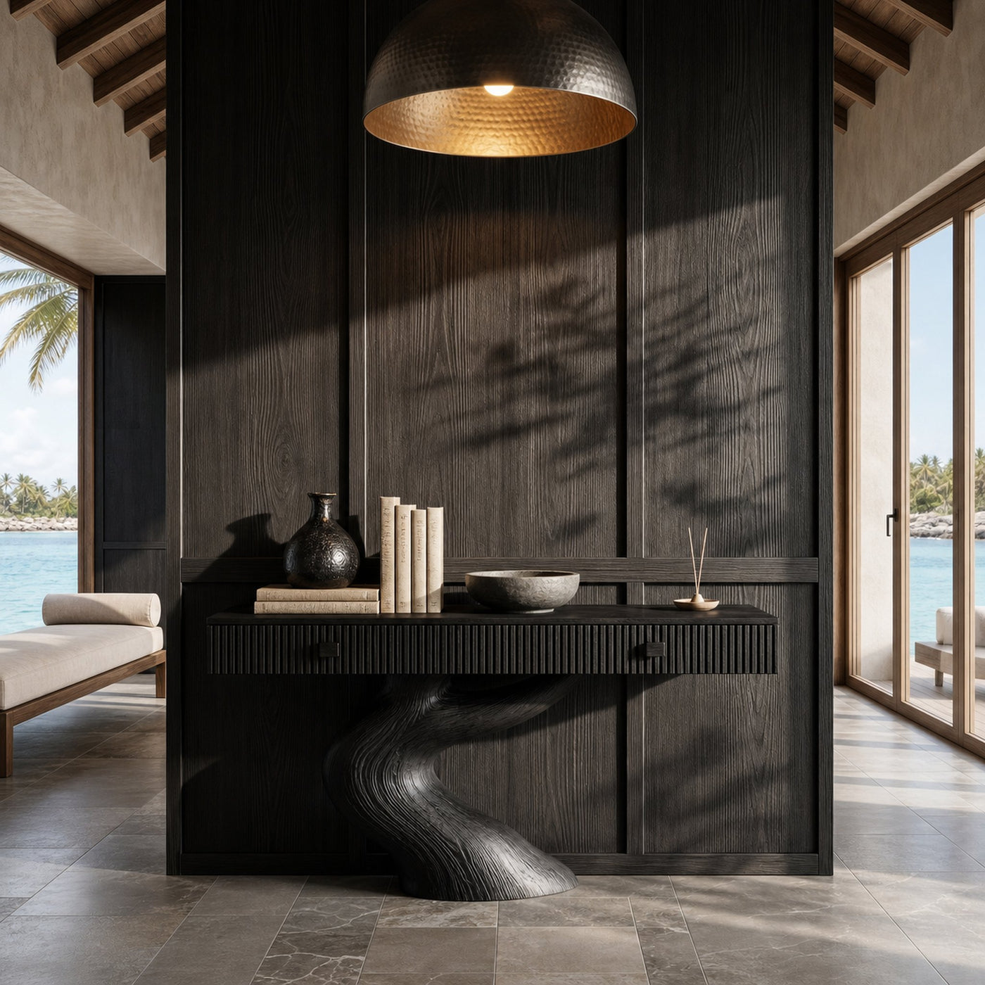 Rustic Console Table With Integrated Drawers And Artistic Tree Root Pedestal For Living Room - product view 4