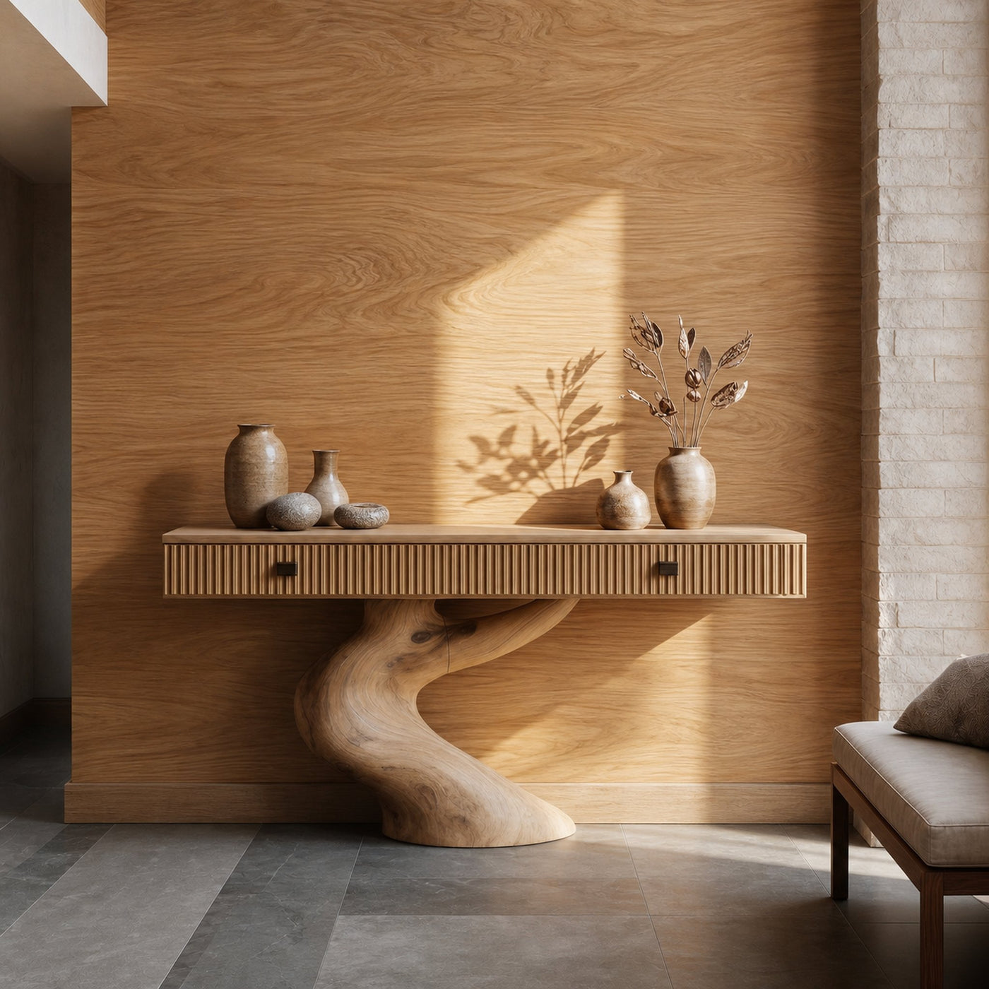 Rustic Console Table With Integrated Drawers And Artistic Tree Root Pedestal For Living Room - product view 5