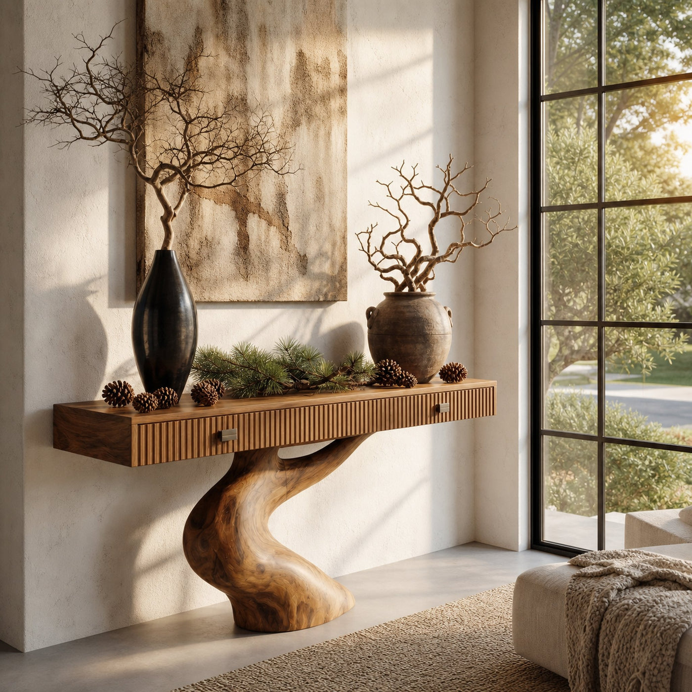 Rustic Console Table With Integrated Drawers And Artistic Tree Root Pedestal For Living Room - product view 6