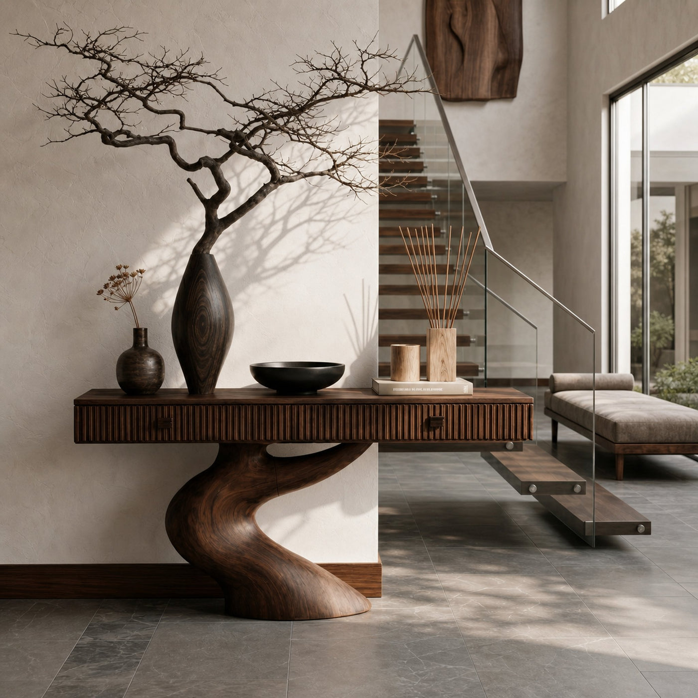 Rustic Console Table With Integrated Drawers And Artistic Tree Root Pedestal For Living Room - product view 7