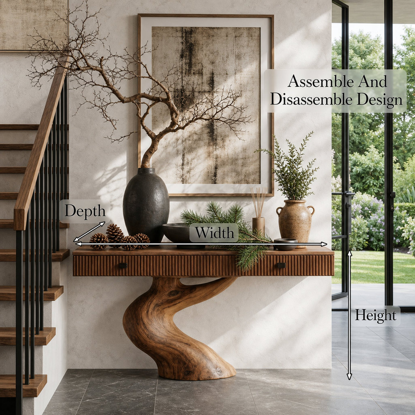 Rustic Console Table With Integrated Drawers And Artistic Tree Root Pedestal For Living Room - product view 8
