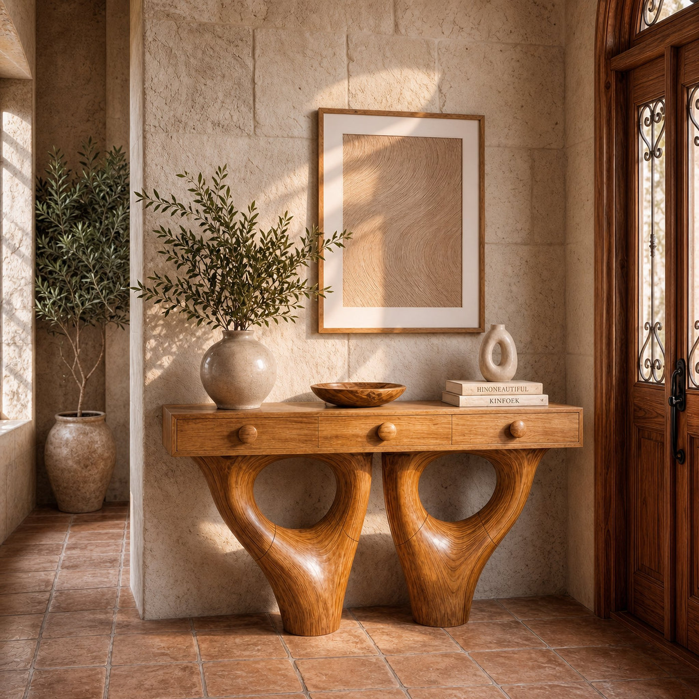 Rustic Console Table With Sculptural Double Pedestal Wood Base And Solid Wood Top For Entryway And Living Room