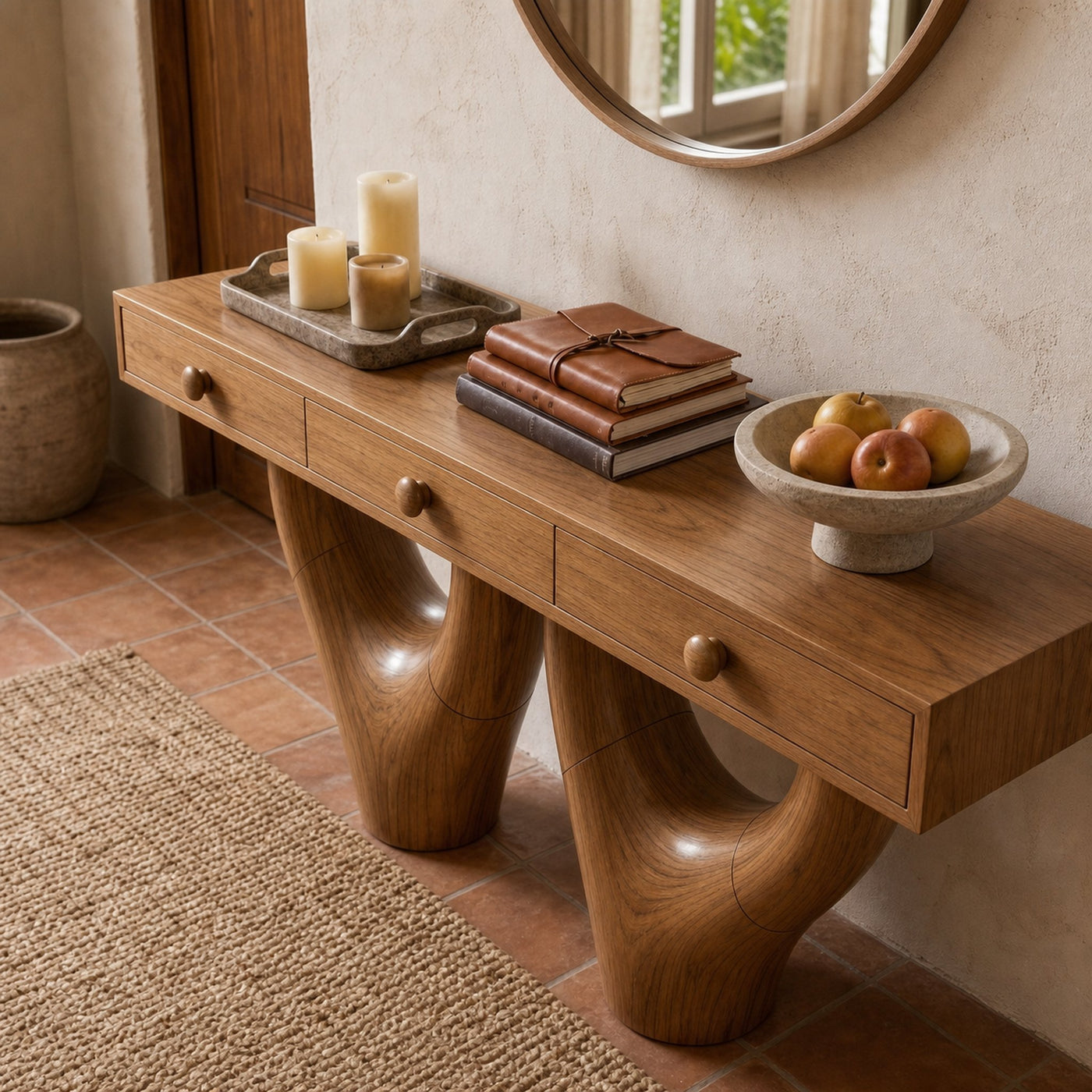Rustic Console Table With Sculptural Double Pedestal Wood Base And Solid Wood Top For Entryway And Living Room - product…