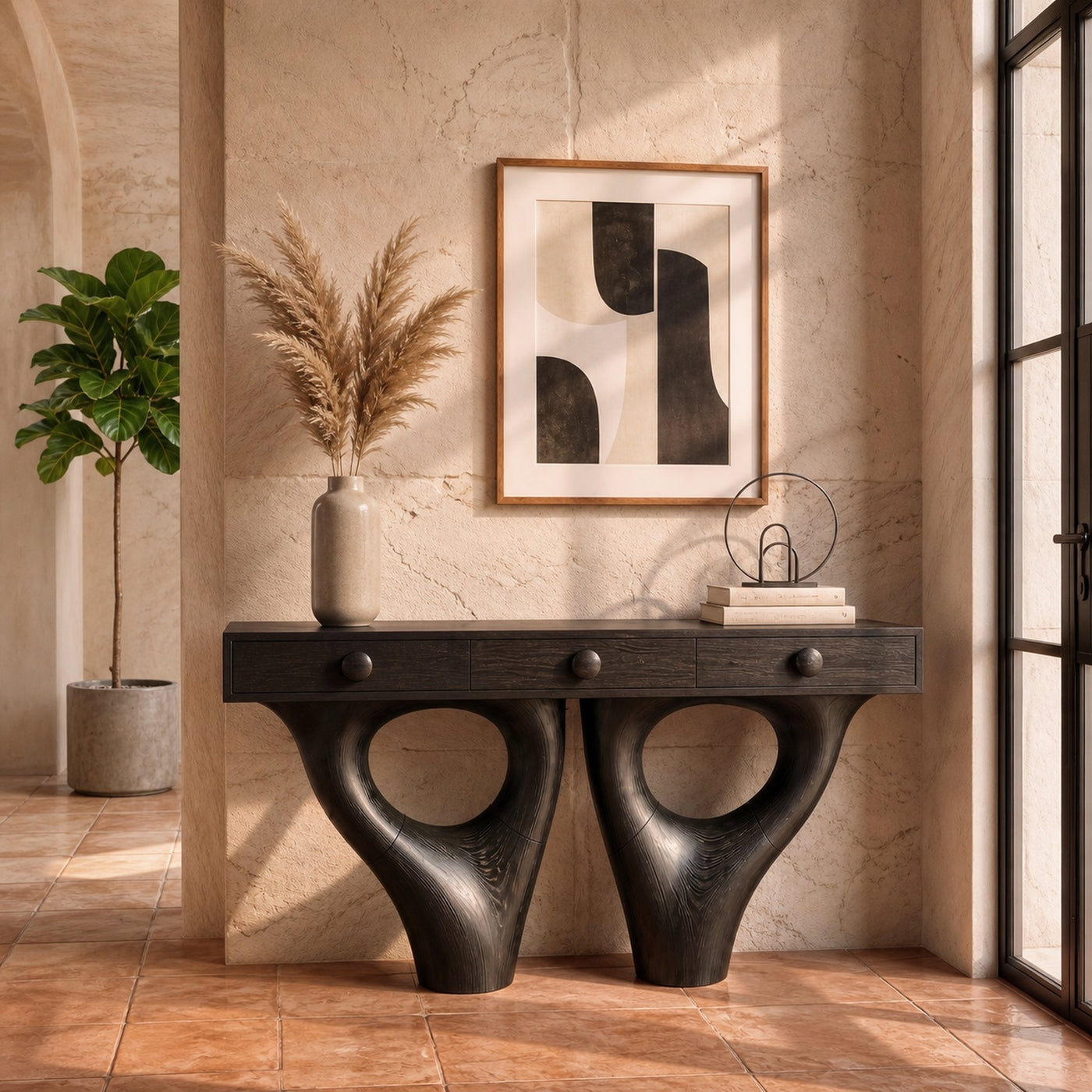 Rustic Console Table With Sculptural Double Pedestal Wood Base And Solid Wood Top For Entryway And Living Room - product…