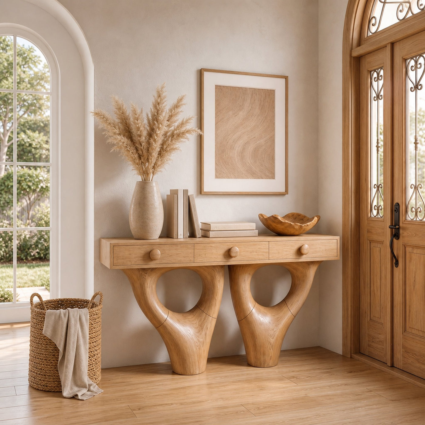 Rustic Console Table With Sculptural Double Pedestal Wood Base And Solid Wood Top For Entryway And Living Room - product…