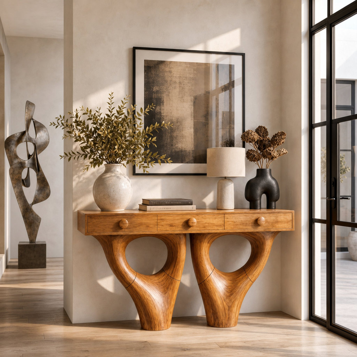 Rustic Console Table With Sculptural Double Pedestal Wood Base And Solid Wood Top For Entryway And Living Room - product…