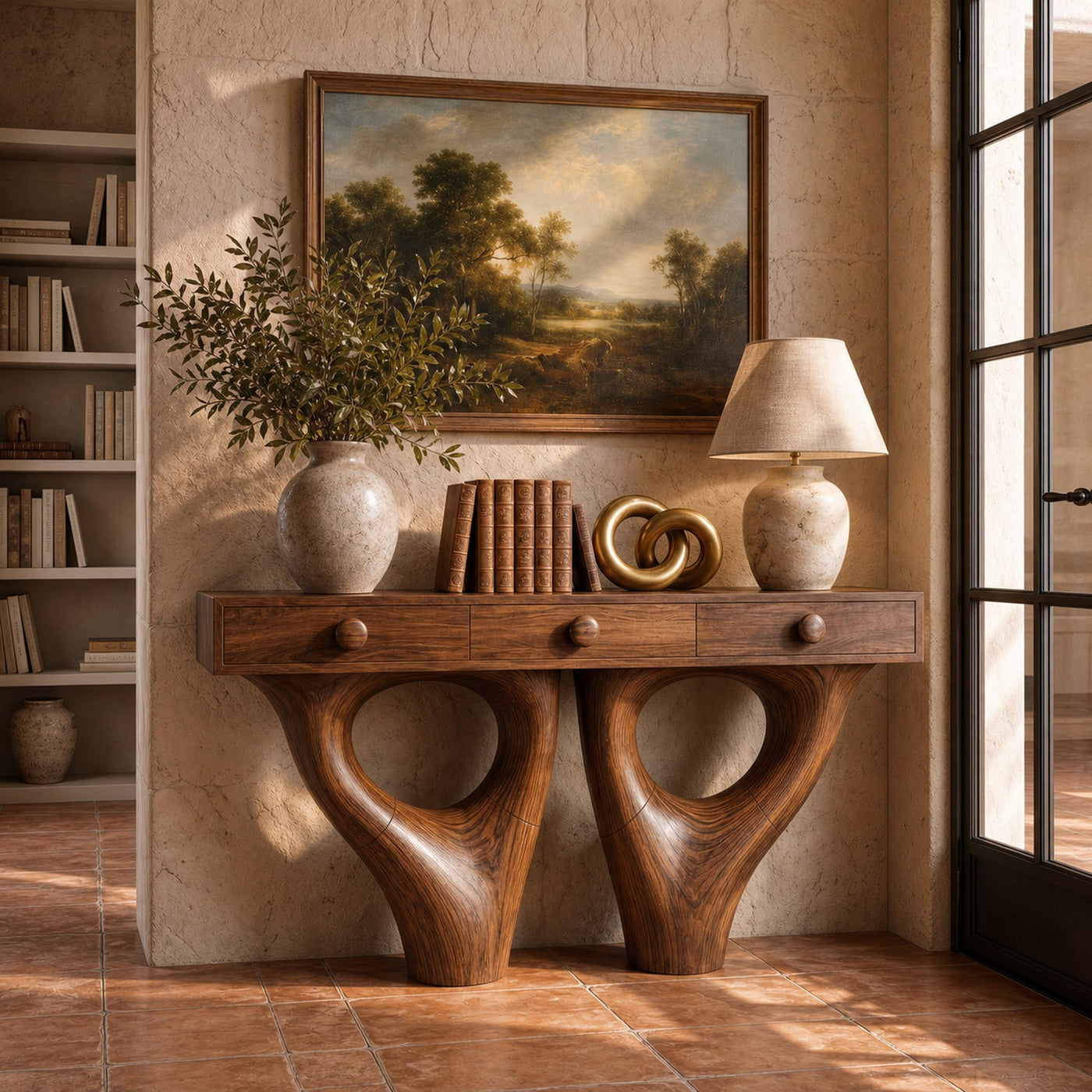 Rustic Console Table With Sculptural Double Pedestal Wood Base And Solid Wood Top For Entryway And Living Room - product…