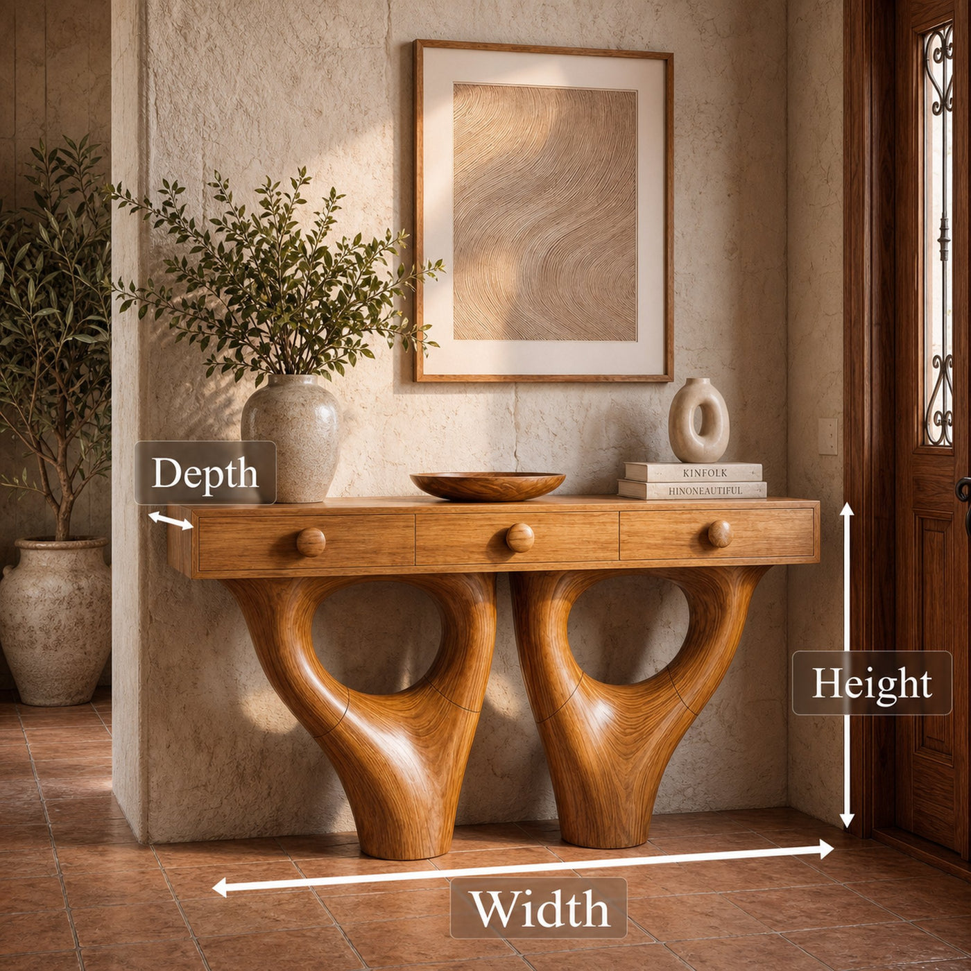 Rustic Console Table With Sculptural Double Pedestal Wood Base And Solid Wood Top For Entryway And Living Room - product…