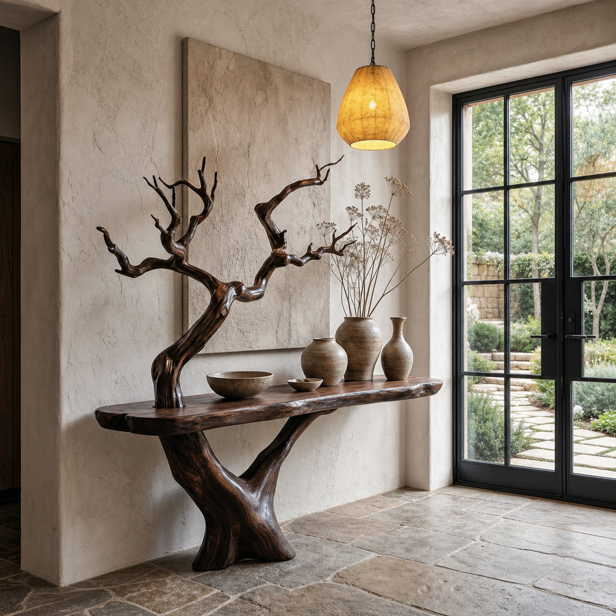 Rustic Console Table With Sculptural Tree Branch Base And Live Edge Wood Top For Entryway And Living Room