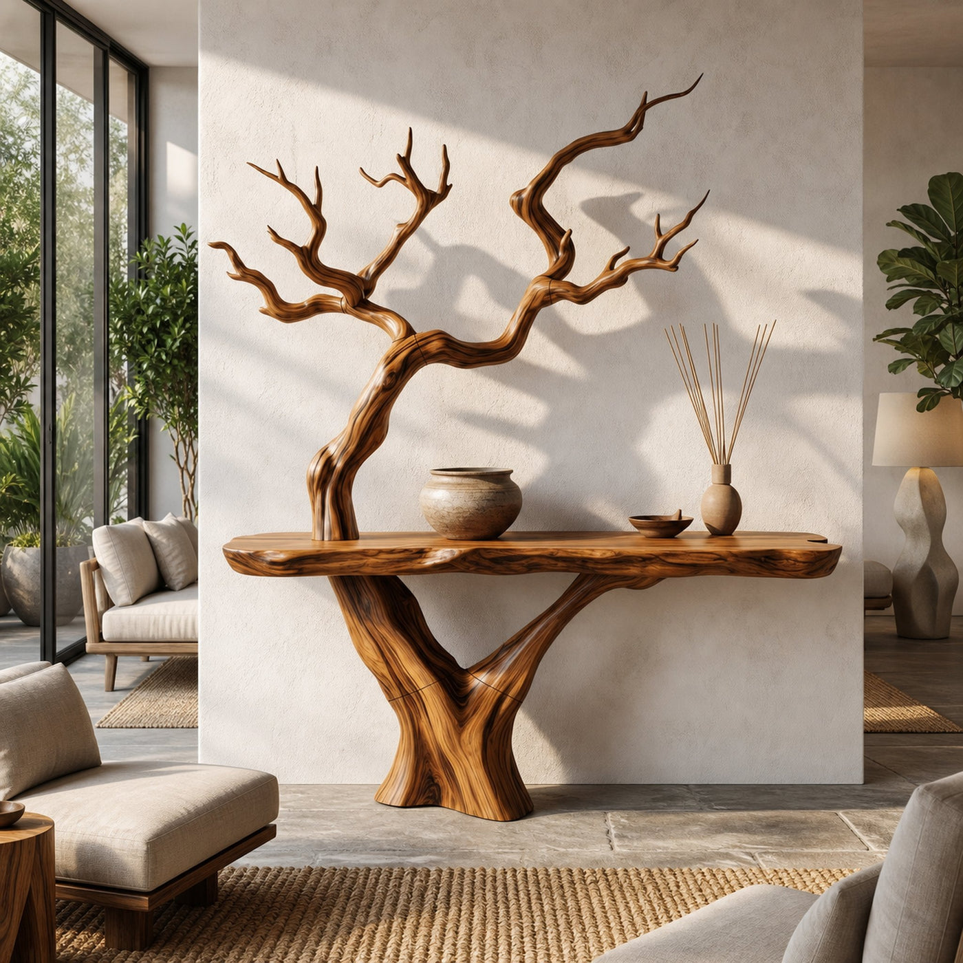 Rustic Console Table With Sculptural Tree Branch Base And Live Edge Wood Top For Entryway And Living Room - product view 6