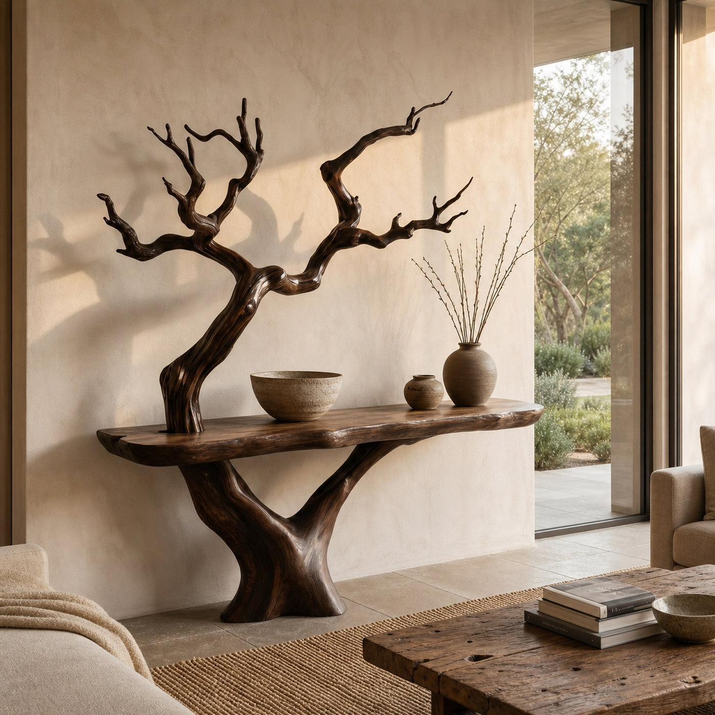 Rustic Console Table With Sculptural Tree Branch Base And Live Edge Wood Top For Entryway And Living Room - product view 7