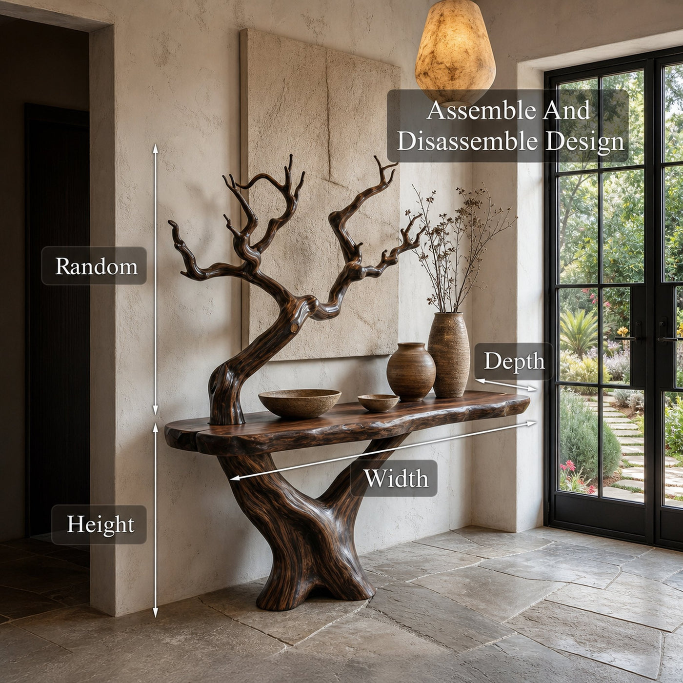 Rustic Console Table With Sculptural Tree Branch Base And Live Edge Wood Top For Entryway And Living Room - product view 8