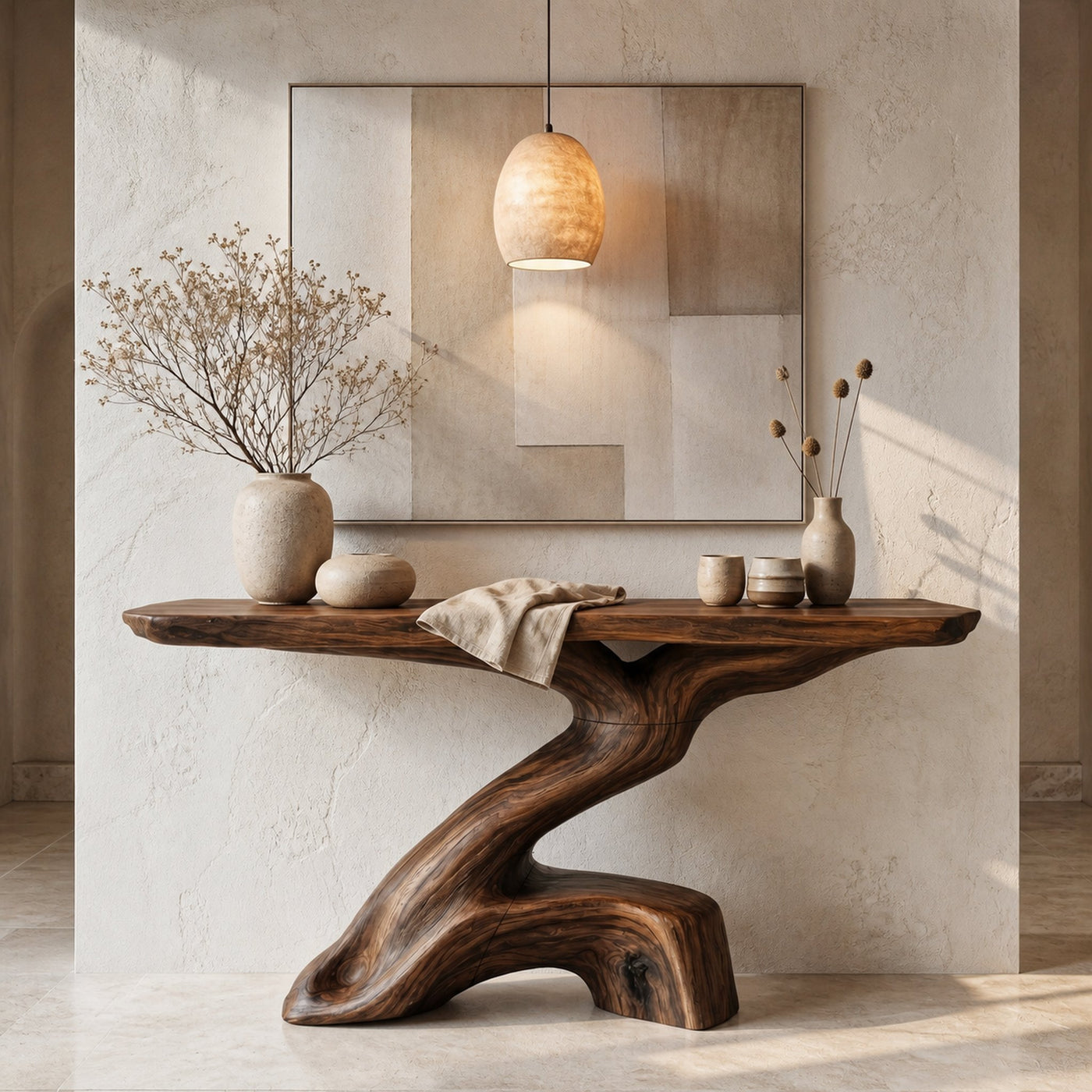 Rustic Console Table With Sculptural Tree Root Base And Solid Wood Top For Entryway And Living Room