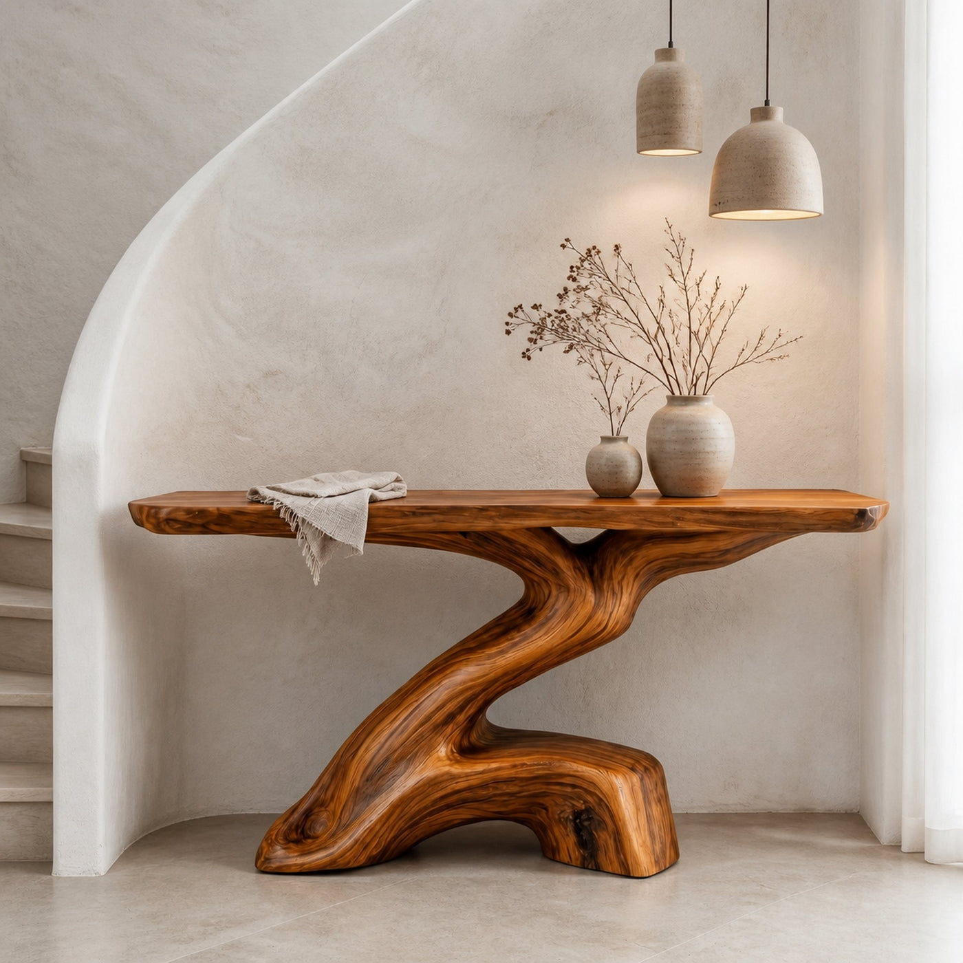 Rustic Console Table With Sculptural Tree Root Base And Solid Wood Top For Entryway And Living Room - product view 6