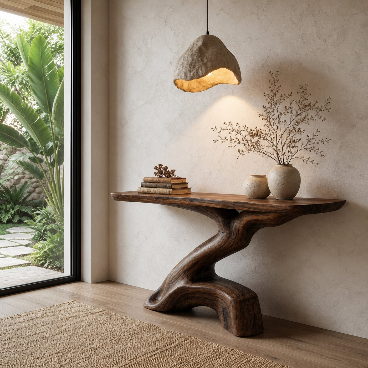 Rustic Console Table With Sculptural Tree Root Base And Solid Wood Top For Entryway And Living Room - product view 7